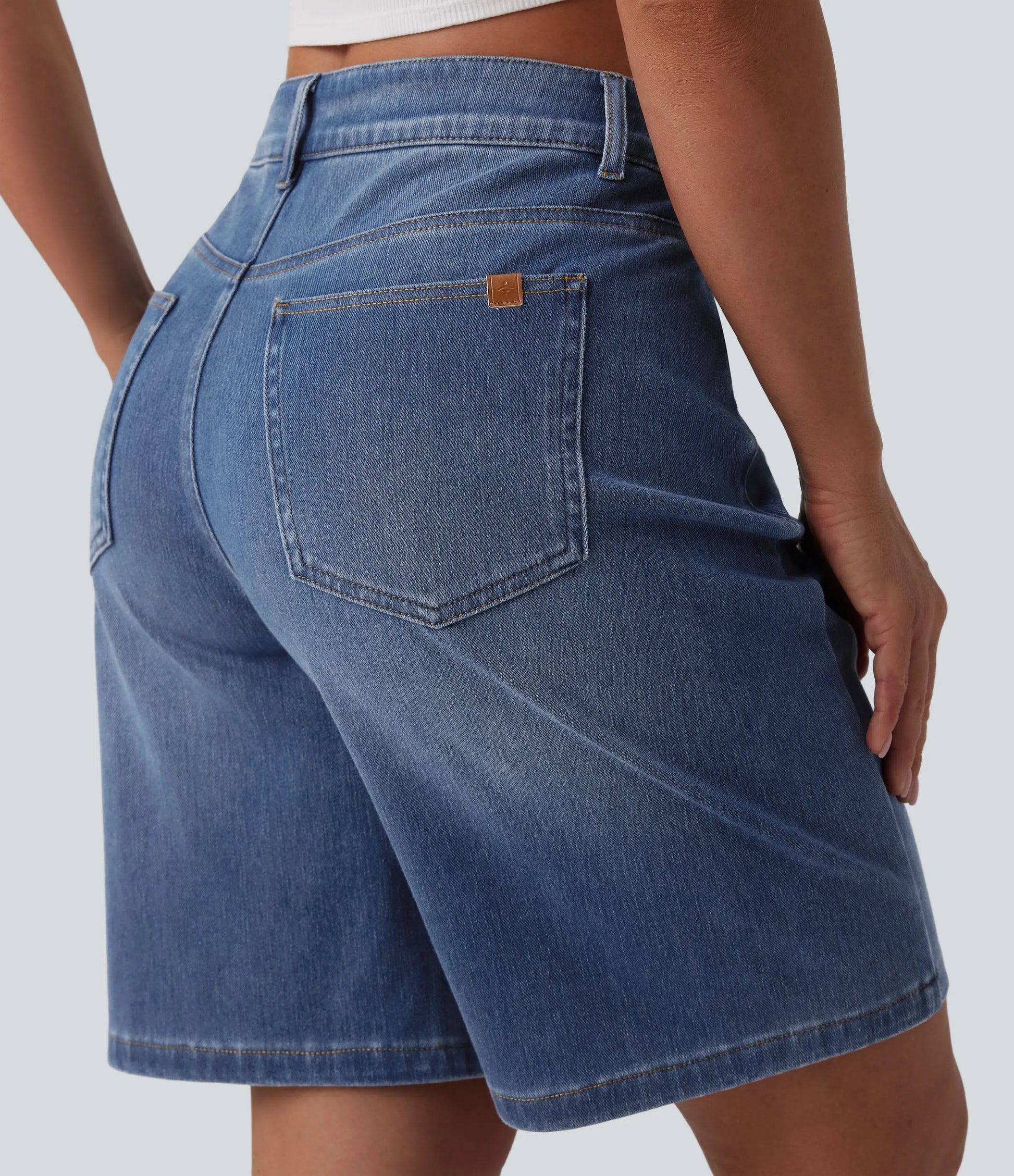 Lounge Flex™ Asymmetric High Waisted Washed Denim Casual Shorts 9'' with Pockets - Lounge