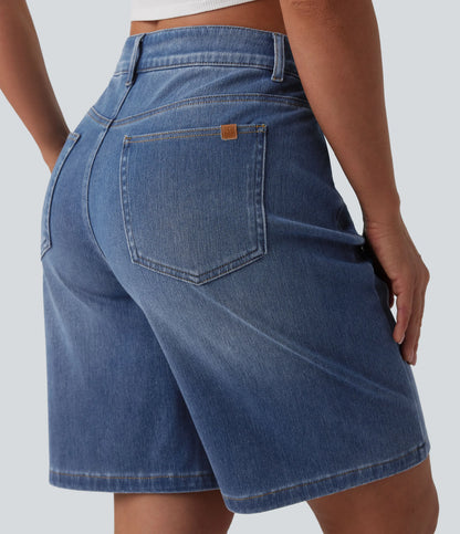 Lounge Flex™ Asymmetric High Waisted Washed Denim Casual Shorts 9'' with Pockets - Lounge