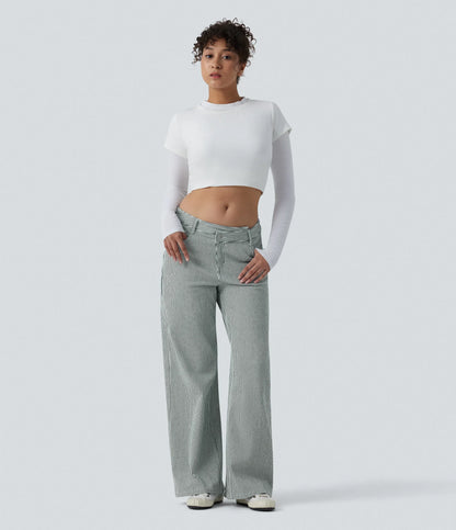 Lounge Flex™ Asymmetric Mid Rise Stripes Casual Baggy Jeans with Pockets - Lounge