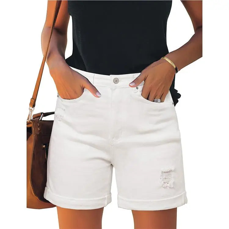 Women's Casual Ripped Denim Shorts – High Rise Distressed Rolled Hem