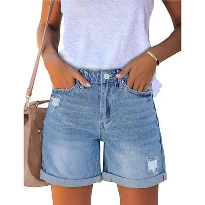 Women's Casual Ripped Denim Shorts – High Rise Distressed Rolled Hem