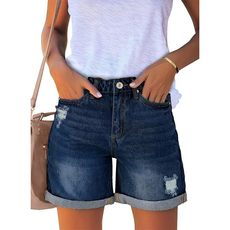 Women's Casual Ripped Denim Shorts – High Rise Distressed Rolled Hem