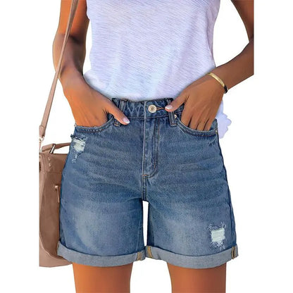 Women's Casual Ripped Denim Shorts – High Rise Distressed Rolled Hem