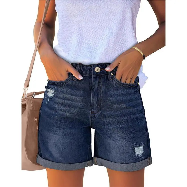 Women's Casual Ripped Denim Shorts – High Rise Distressed Rolled Hem