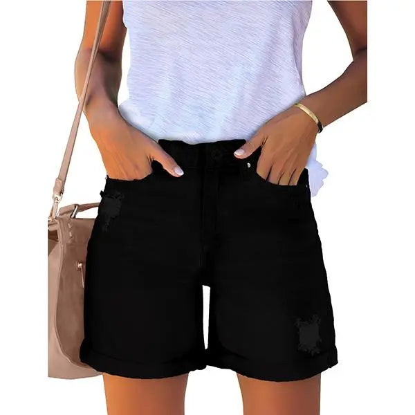 Women's Casual Ripped Denim Shorts – High Rise Distressed Rolled Hem