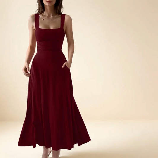 Burgundy square neck A-line flowy dress with back tie – studio