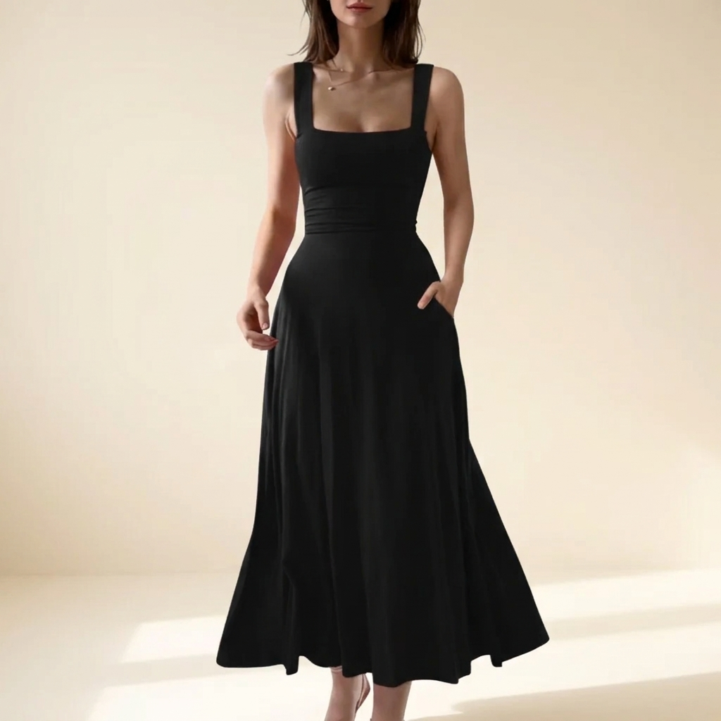 Black square neck A-line flowy dress with back tie – studio