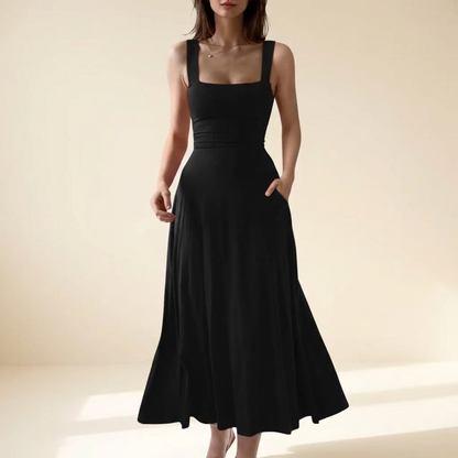 Black square neck A-line flowy dress with back tie – studio