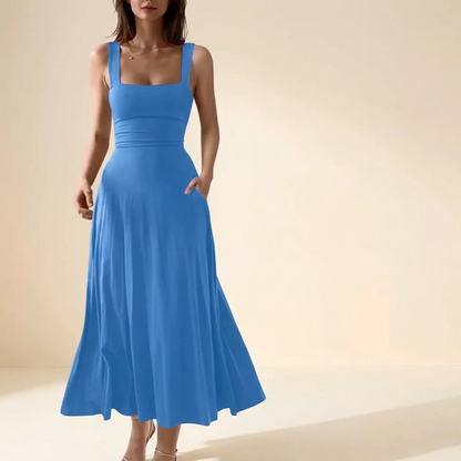 Blue square neck A-line flowy dress with back tie – studio