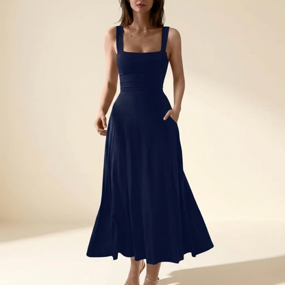Navy square neck A-line flowy dress with back tie – studio