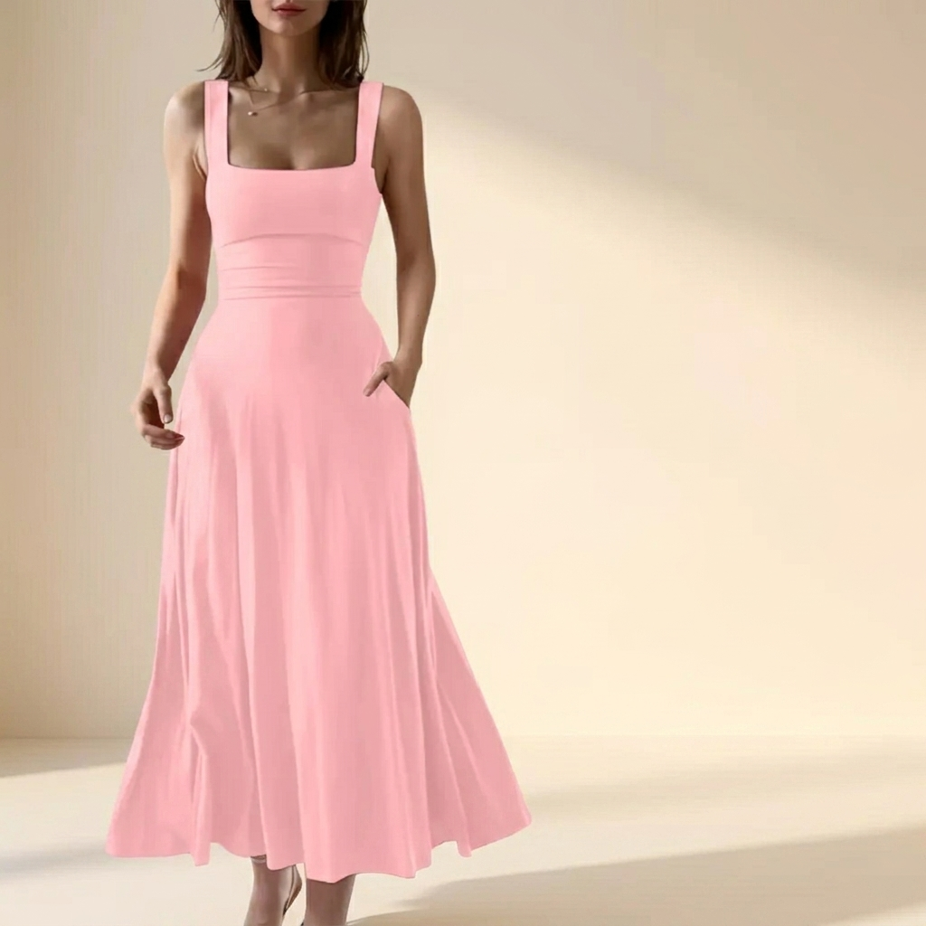 Pink square neck A-line flowy dress with back tie – studio