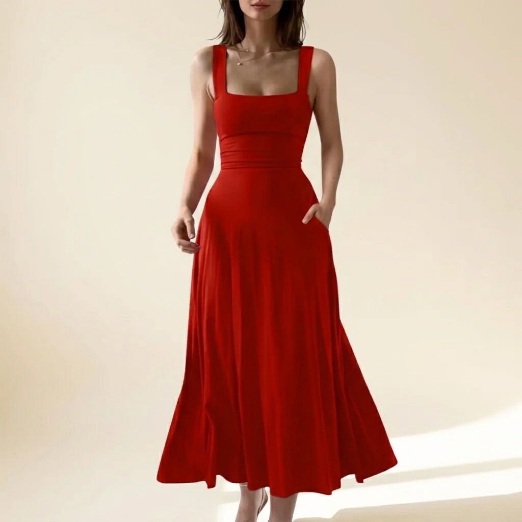 Red square neck A-line flowy dress with back tie – studio