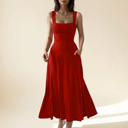 Red square neck A-line flowy dress with back tie – studio
