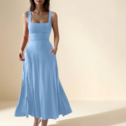 Sky blue square neck A-line flowy dress with back tie – studio