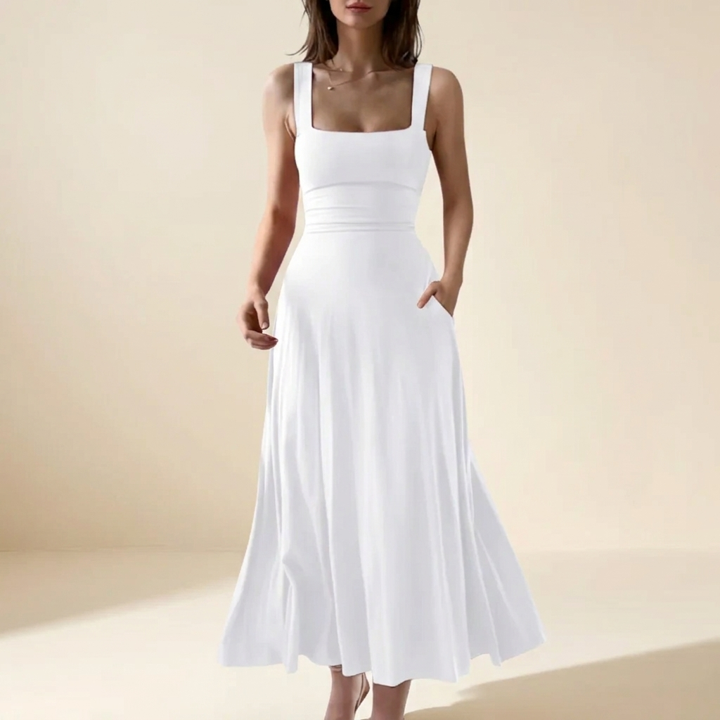 White square neck A-line flowy dress with back tie – studio
