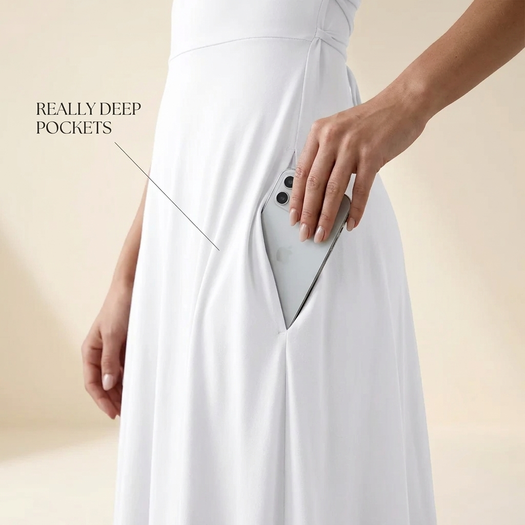 Really deep pockets – white square neck dress